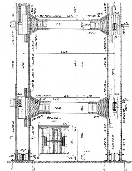 Abb. 22: Konstruktive Ausbildung eines Stockwerksrahmens mit aufwendigen Rahmenecken, Woga-Hotel Berlin [Hawranek 1931, Abb.173] 