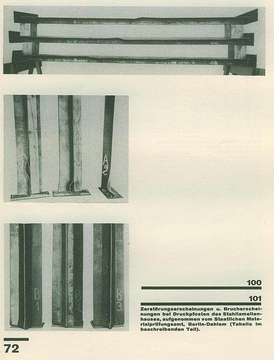 Abb. 9: Ergebnisse von Druckversuchen an speziell für den Stahllamellenbau entwickelten Stützenprofilen, durchgeführt im Staatlichen Material-Prüfungsamt, Berlin-Dahlem, dem Vorläufer der BAM Berlin, 1927. [Spiegel 1928]