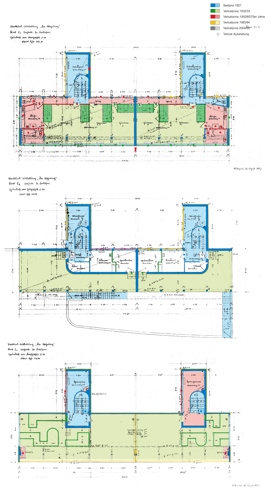 Abbildung 3 a, b, c: Stuttgart, Weißenhofsiedlung, Doppelhaus Le Corbusier / Pierre Jeanneret. Entzerrung und Überlagerung eines Fotos von 1927 mit der Bauaufnahme von 2003. Durch den nachträglichen Einbau eines Kellers (1932/33) hat sich das Niveau der Erdgeschossterrasse erhöht (Schraffur). 